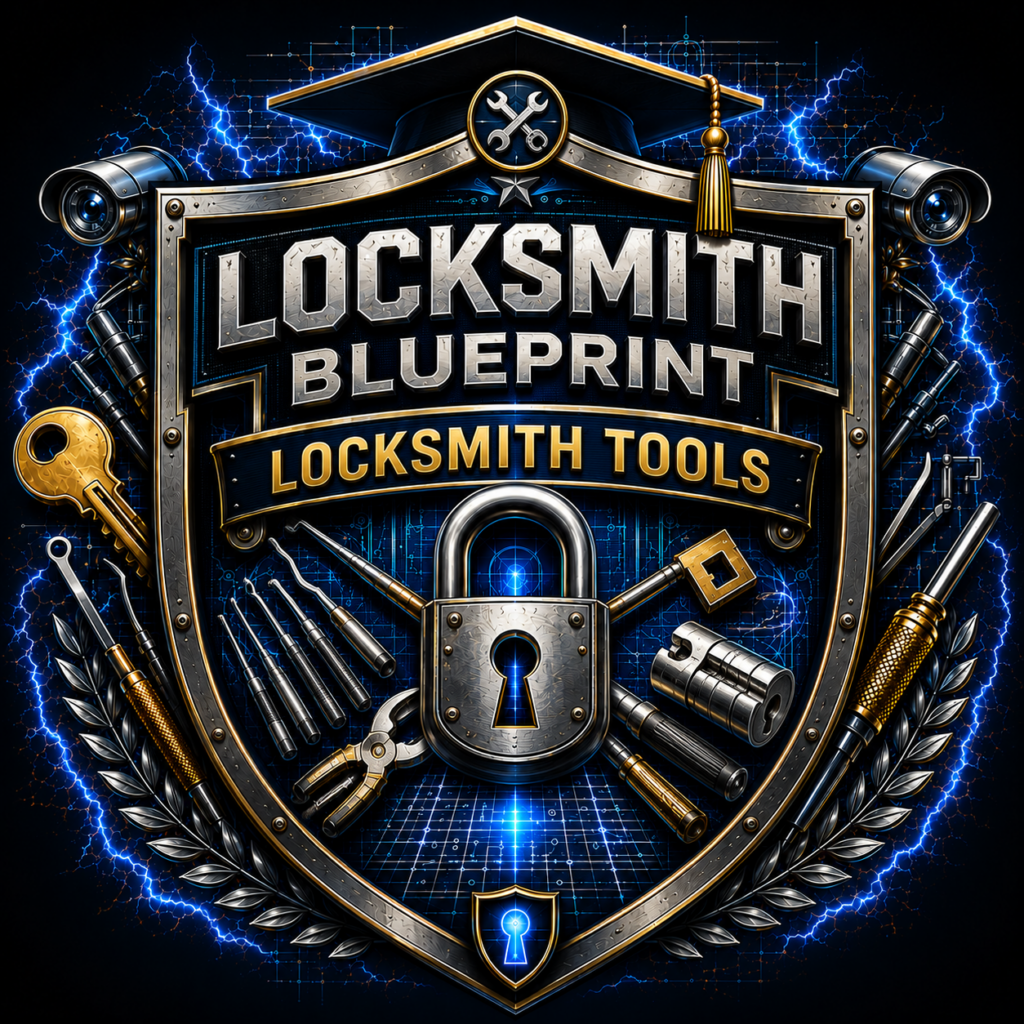 Locksmith tools for beginners including a plug follower, pinning tweezers, tension wrench, key, and practice lock cylinder
