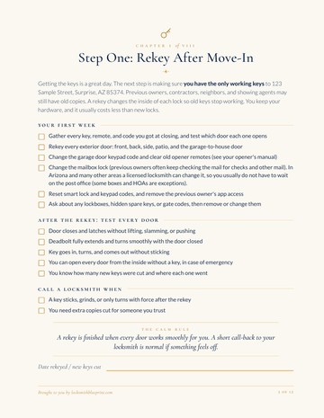 Sample checklist page: rekey after move-in